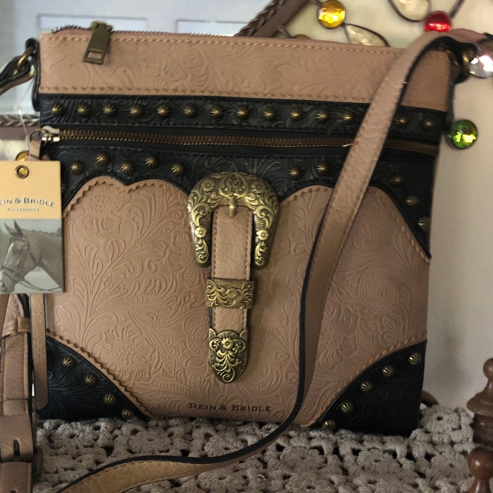 NWT Rein & Bridle Western Tooled Taupe Crossbody